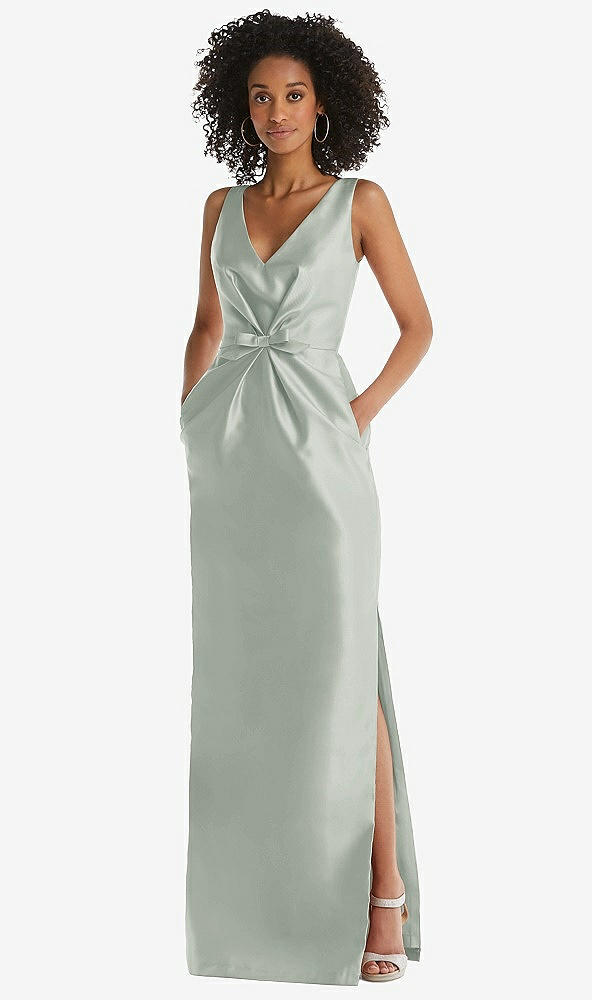 Front View - Willow Green Pleated Bodice Satin Maxi Pencil Dress with Bow Detail