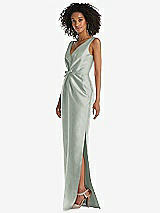 Side View Thumbnail - Willow Green Pleated Bodice Satin Maxi Pencil Dress with Bow Detail