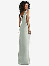 Rear View Thumbnail - Willow Green Pleated Bodice Satin Maxi Pencil Dress with Bow Detail