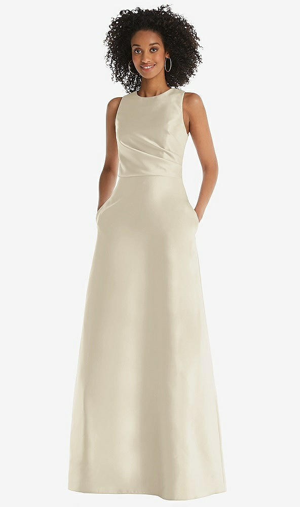 Front View - Champagne Jewel Neck Asymmetrical Shirred Bodice Maxi Dress with Pockets