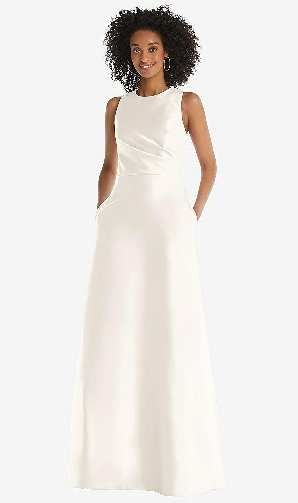 Front View - Ivory Jewel Neck Asymmetrical Shirred Bodice Maxi Dress with Pockets