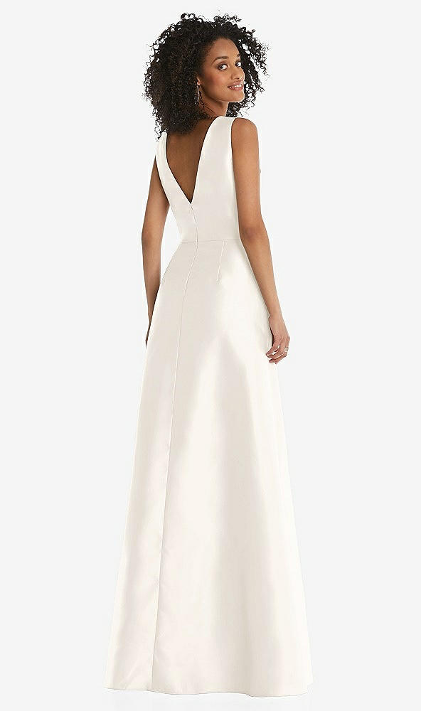 Back View - Ivory Jewel Neck Asymmetrical Shirred Bodice Maxi Dress with Pockets