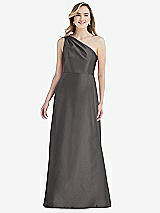 Front View Thumbnail - Caviar Gray Pleated Draped One-Shoulder Satin Maxi Dress with Pockets