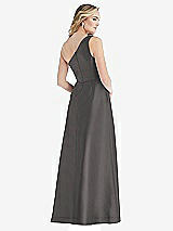 Rear View Thumbnail - Caviar Gray Pleated Draped One-Shoulder Satin Maxi Dress with Pockets