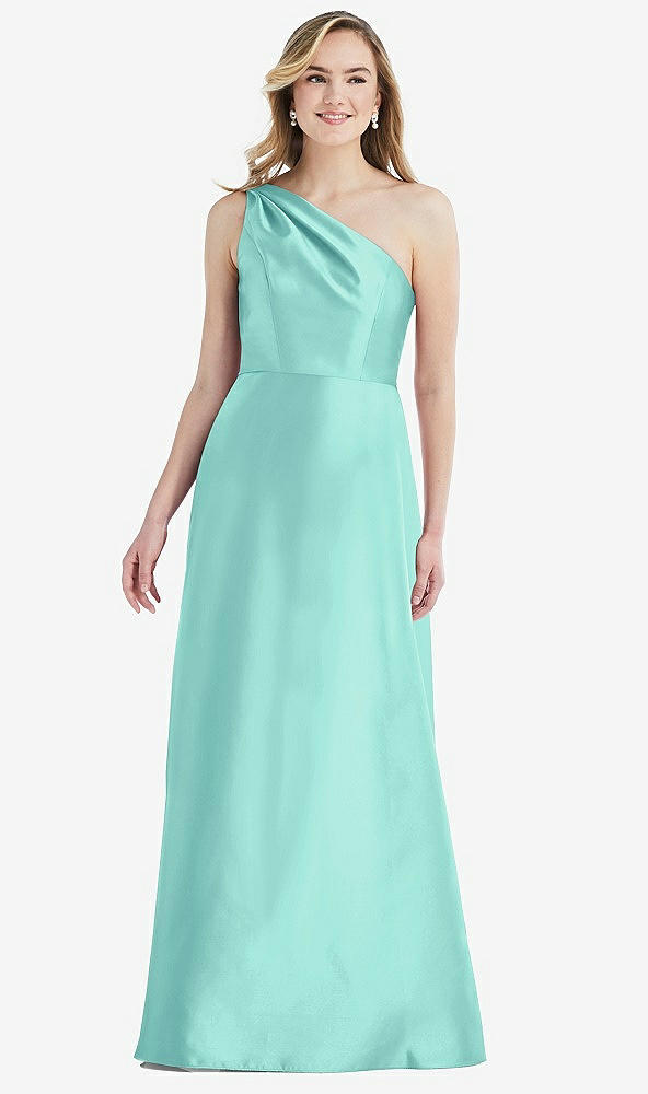Front View - Coastal Pleated Draped One-Shoulder Satin Maxi Dress with Pockets