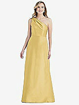 Front View Thumbnail - Maize Pleated Draped One-Shoulder Satin Maxi Dress with Pockets