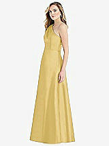 Side View Thumbnail - Maize Pleated Draped One-Shoulder Satin Maxi Dress with Pockets