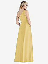 Rear View Thumbnail - Maize Pleated Draped One-Shoulder Satin Maxi Dress with Pockets