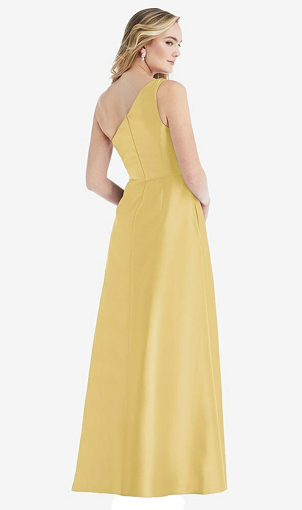 Back View - Maize Pleated Draped One-Shoulder Satin Maxi Dress with Pockets