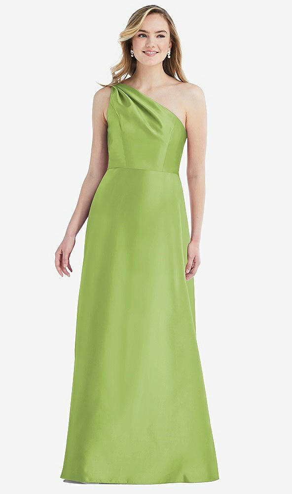 Front View - Mojito Pleated Draped One-Shoulder Satin Maxi Dress with Pockets