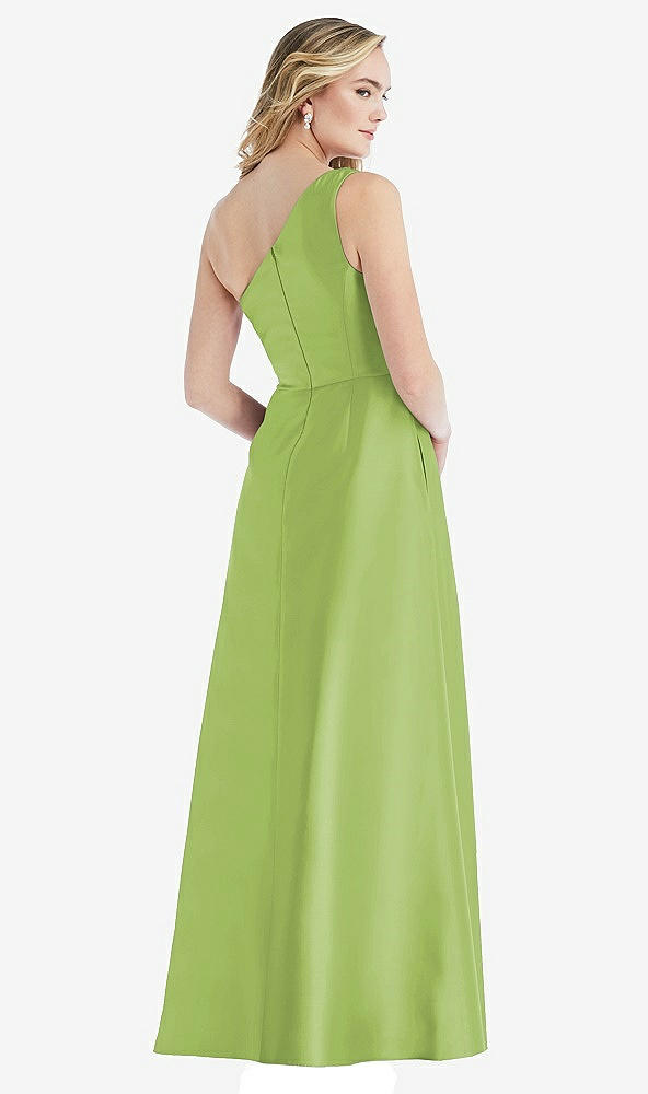 Back View - Mojito Pleated Draped One-Shoulder Satin Maxi Dress with Pockets