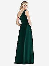 Rear View Thumbnail - Evergreen Pleated Draped One-Shoulder Satin Maxi Dress with Pockets