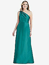 Front View Thumbnail - Jade Pleated Draped One-Shoulder Satin Maxi Dress with Pockets