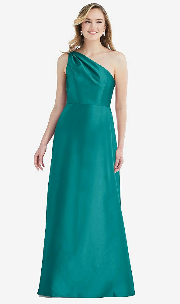 Front View - Jade Pleated Draped One-Shoulder Satin Maxi Dress with Pockets