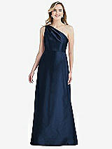 Front View Thumbnail - Midnight Navy Pleated Draped One-Shoulder Satin Maxi Dress with Pockets