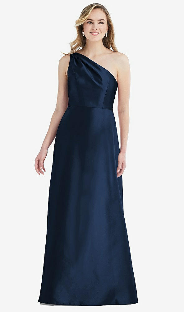 Front View - Midnight Navy Pleated Draped One-Shoulder Satin Maxi Dress with Pockets