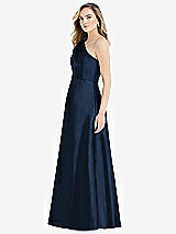 Side View Thumbnail - Midnight Navy Pleated Draped One-Shoulder Satin Maxi Dress with Pockets