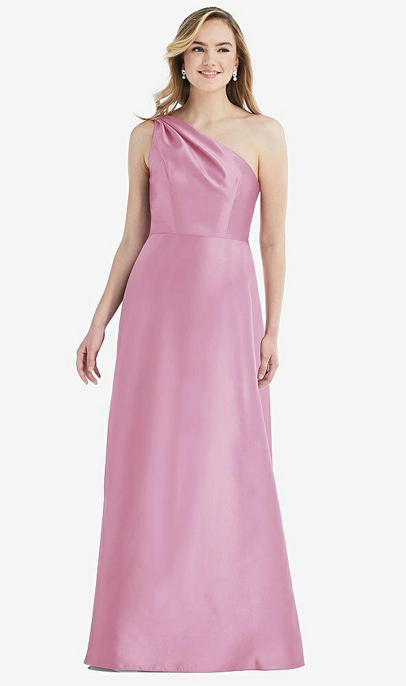 Front View - Powder Pink Pleated Draped One-Shoulder Satin Maxi Dress with Pockets