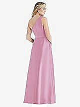 Rear View Thumbnail - Powder Pink Pleated Draped One-Shoulder Satin Maxi Dress with Pockets