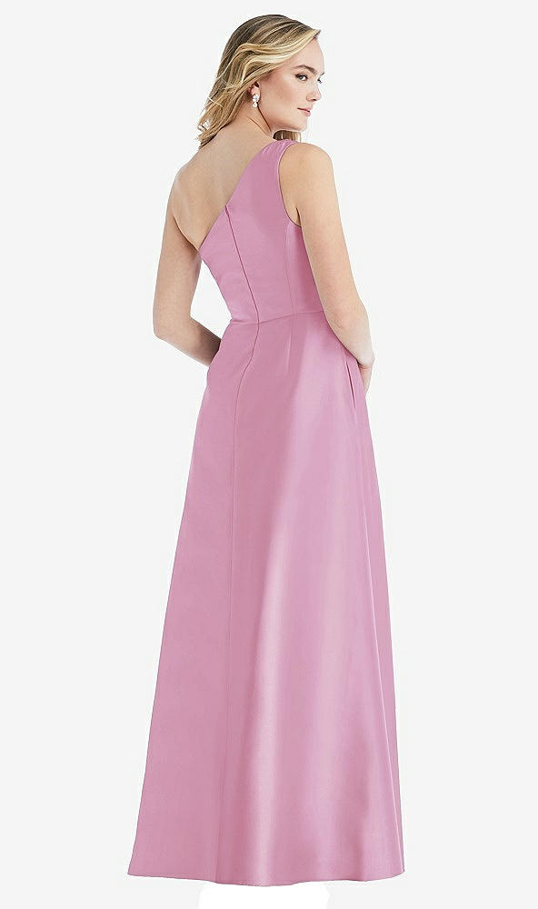 Back View - Powder Pink Pleated Draped One-Shoulder Satin Maxi Dress with Pockets