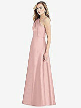 Side View Thumbnail - Rose - PANTONE Rose Quartz Pleated Draped One-Shoulder Satin Maxi Dress with Pockets