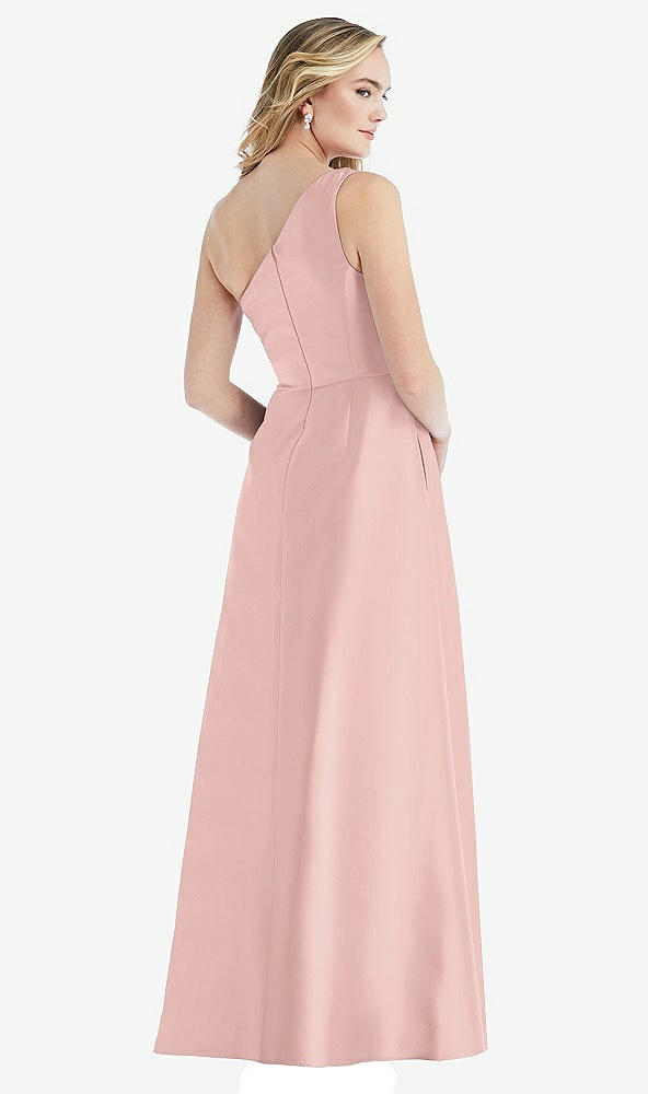 Back View - Rose - PANTONE Rose Quartz Pleated Draped One-Shoulder Satin Maxi Dress with Pockets