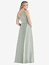 Rear View Thumbnail - Willow Green Pleated Draped One-Shoulder Satin Maxi Dress with Pockets