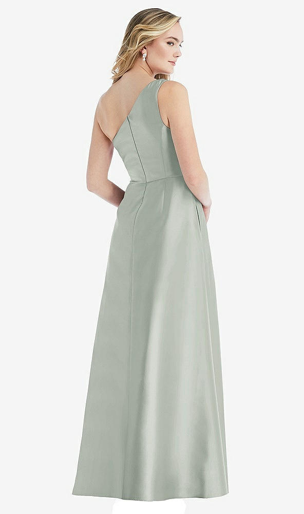 Back View - Willow Green Pleated Draped One-Shoulder Satin Maxi Dress with Pockets