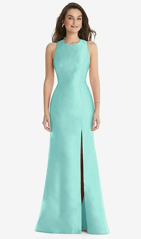 Front View - Coastal Jewel Neck Bowed Open-Back Trumpet Dress with Front Slit
