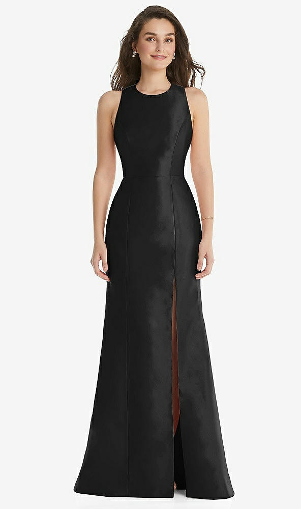 Front View - Black Jewel Neck Bowed Open-Back Trumpet Dress with Front Slit