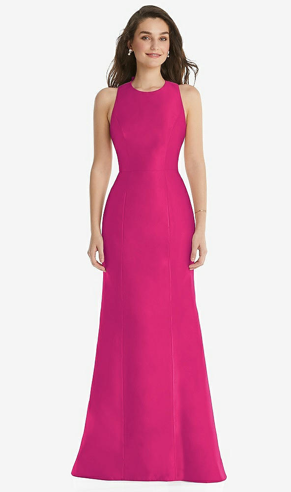 Front View - Think Pink Jewel Neck Bowed Open-Back Trumpet Dress 