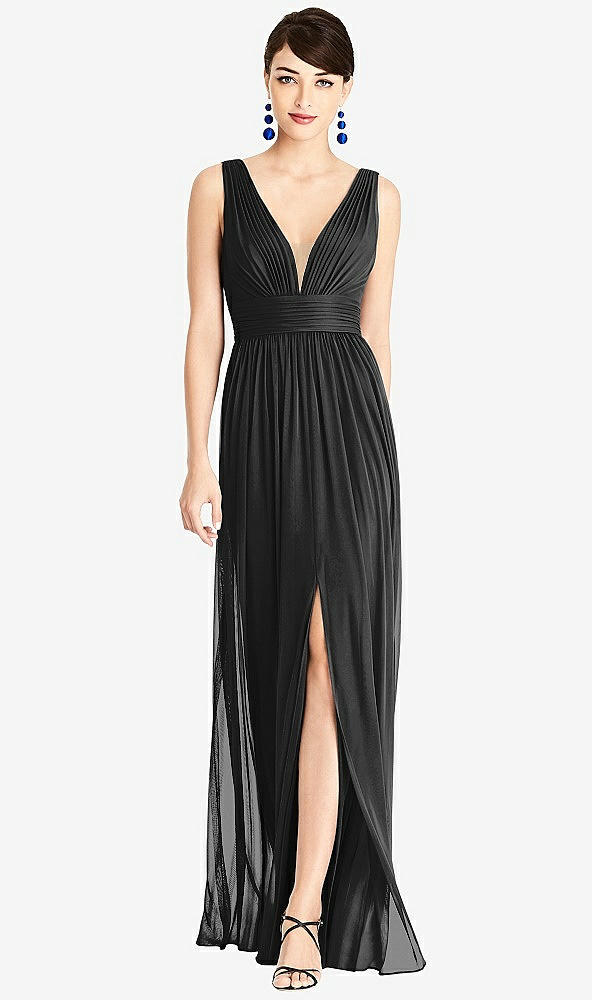 Front View - Black & Light Nude Illusion Plunge Neck Shirred Maxi Dress