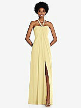 Front View Thumbnail - Pale Yellow Draped Chiffon Grecian Column Gown with Convertible Straps