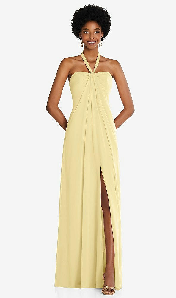 Front View - Pale Yellow Draped Chiffon Grecian Column Gown with Convertible Straps