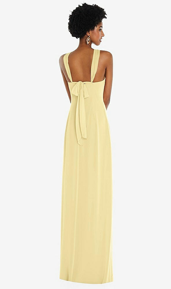 Back View - Pale Yellow Draped Chiffon Grecian Column Gown with Convertible Straps