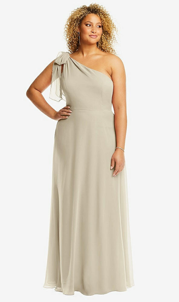Front View - Champagne Draped One-Shoulder Maxi Dress with Scarf Bow