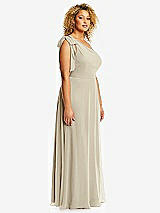 Side View Thumbnail - Champagne Draped One-Shoulder Maxi Dress with Scarf Bow
