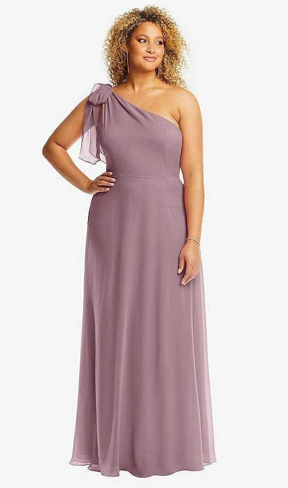 Front View - Dusty Rose Draped One-Shoulder Maxi Dress with Scarf Bow