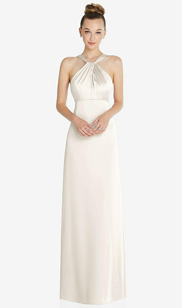 Front View - Ivory Draped Twist Halter Low-Back Satin Empire Dress