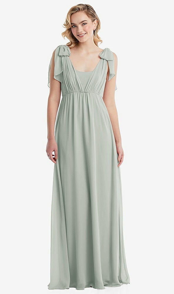 Front View - Willow Green Empire Waist Shirred Skirt Convertible Sash Tie Maxi Dress
