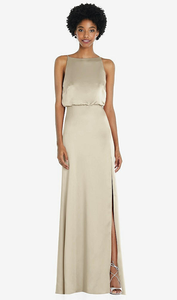 Back View - Champagne High-Neck Low Tie-Back Maxi Dress with Adjustable Straps