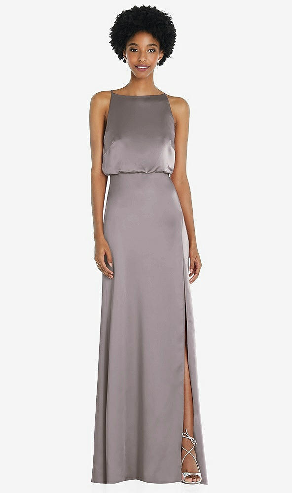 Back View - Cashmere Gray High-Neck Low Tie-Back Maxi Dress with Adjustable Straps