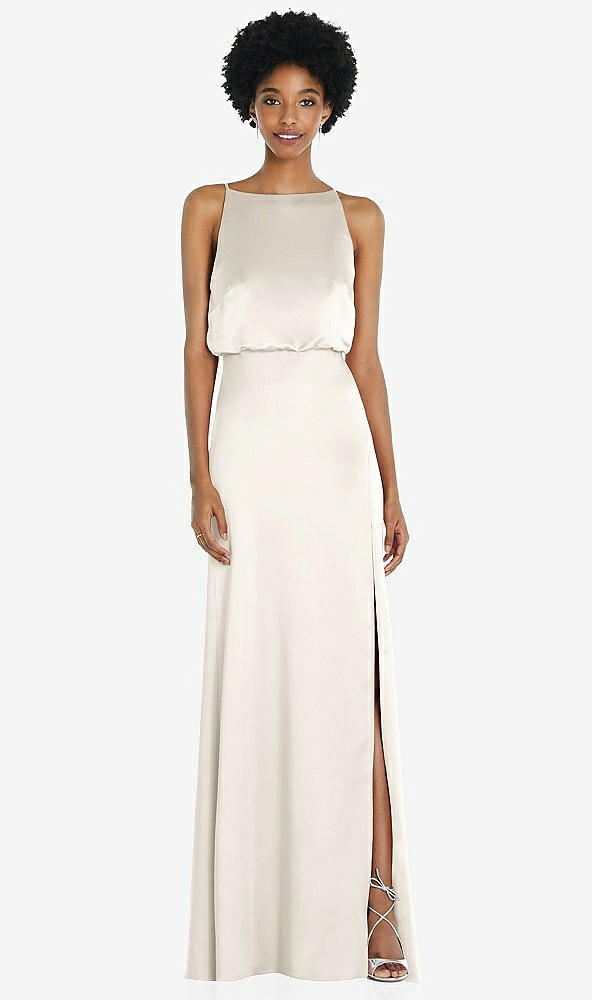 Back View - Ivory High-Neck Low Tie-Back Maxi Dress with Adjustable Straps