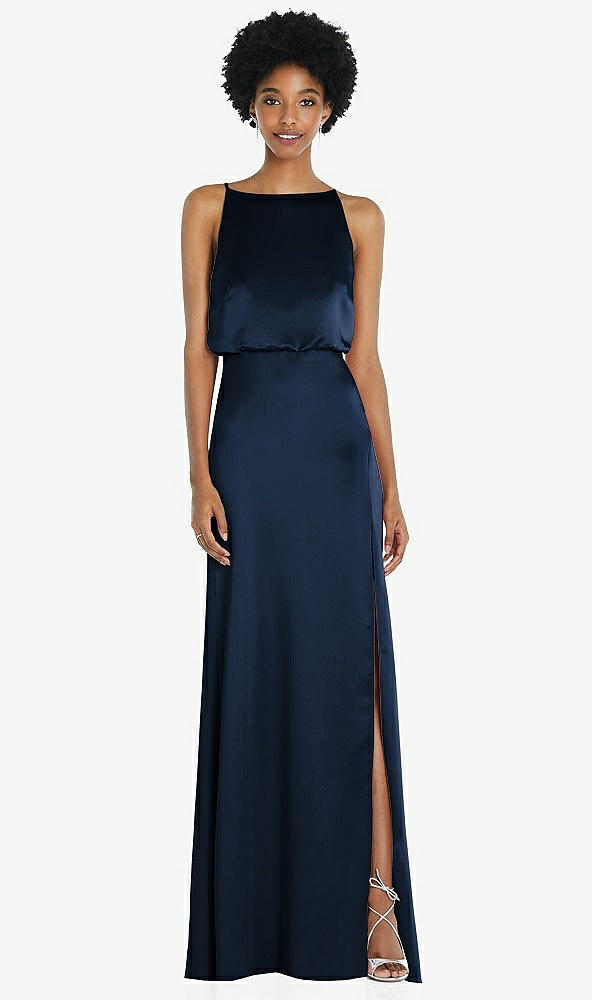 Back View - Midnight Navy High-Neck Low Tie-Back Maxi Dress with Adjustable Straps