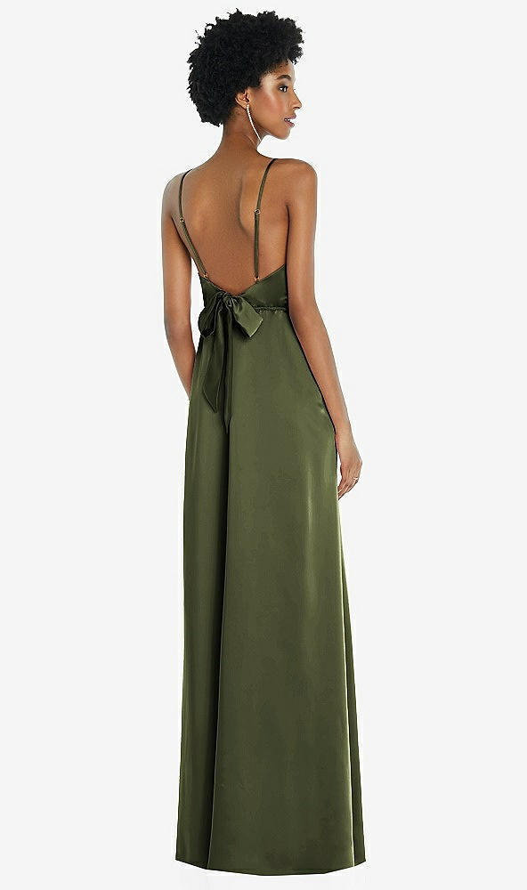 Front View - Olive Green High-Neck Low Tie-Back Maxi Dress with Adjustable Straps