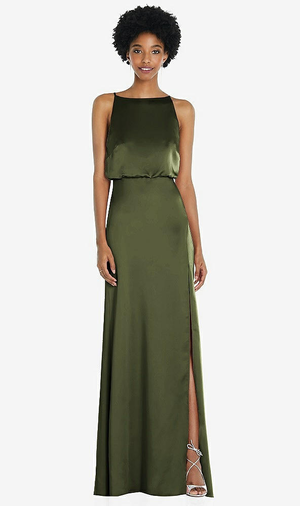 Back View - Olive Green High-Neck Low Tie-Back Maxi Dress with Adjustable Straps