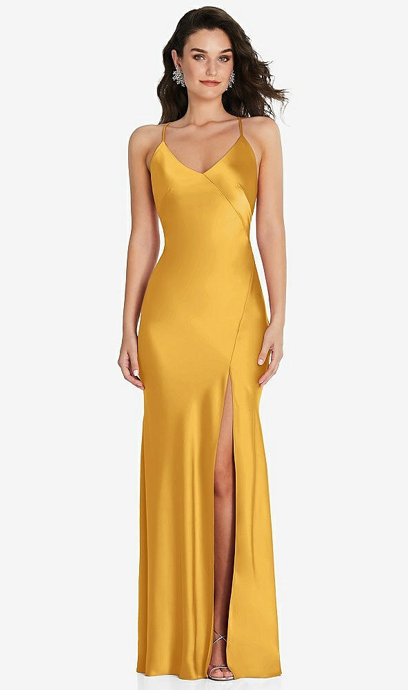 Front View - NYC Yellow V-Neck Convertible Strap Bias Slip Dress with Front Slit