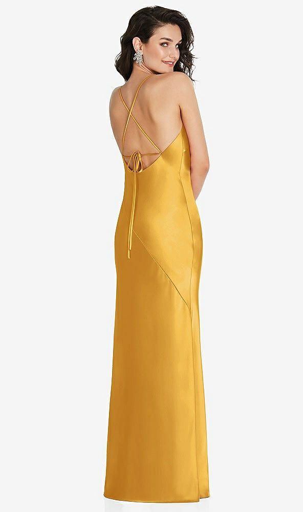 Back View - NYC Yellow V-Neck Convertible Strap Bias Slip Dress with Front Slit