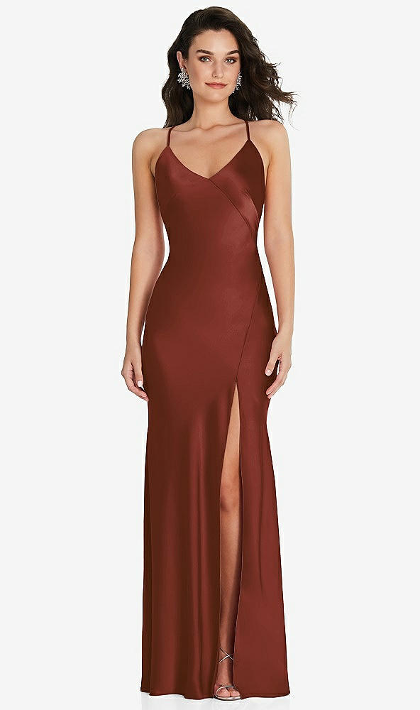 Front View - Auburn Moon V-Neck Convertible Strap Bias Slip Dress with Front Slit