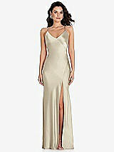 Front View Thumbnail - Champagne V-Neck Convertible Strap Bias Slip Dress with Front Slit